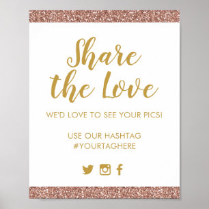 Rose Gold Pink Glitter Wedding Party Hashtag Sign