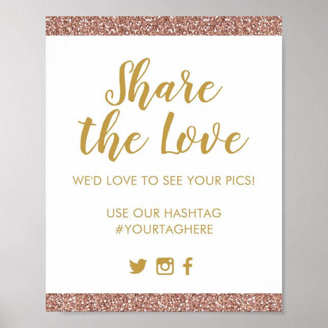 Rose Gold Pink Glitter Wedding Party Hashtag Sign (Front)