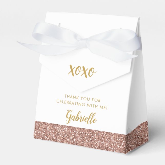 Rose Gold Pink Glitter XOXO Birthday Mitzvah Favour Box (Front Side)