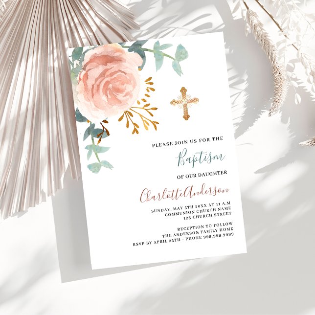 Rose gold pink greenery gold cross baptism invitation (Creator Uploaded)