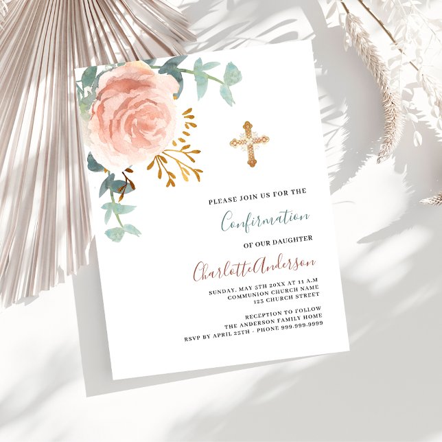 Rose gold pink greenery gold cross confirmation invitation postcard (Creator Uploaded)