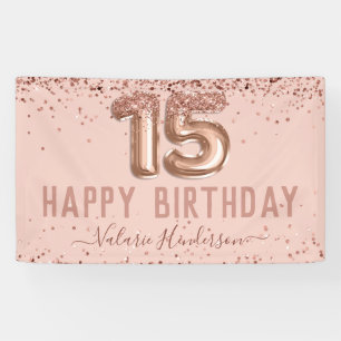 Rose Gold Pink Happy 15th Birthday Banner