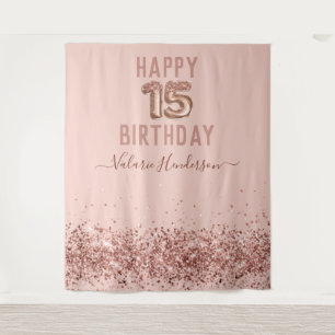 Rose Gold Pink Happy 15th Birthday Tapestry