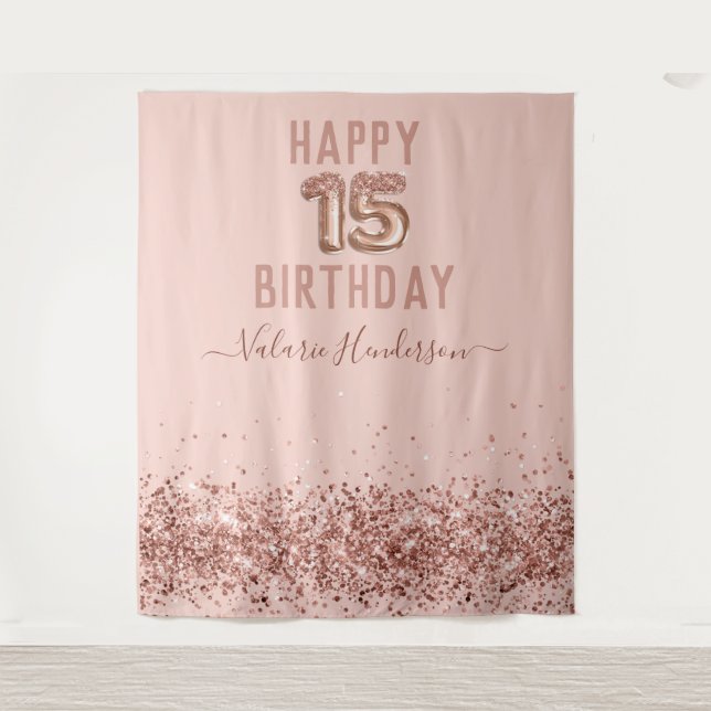 Rose Gold Pink Happy 15th Birthday Tapestry (Front)