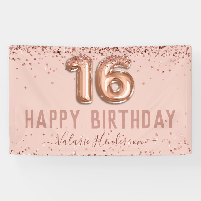 Rose Gold Pink Happy 16th Birthday Banner (Horizontal)