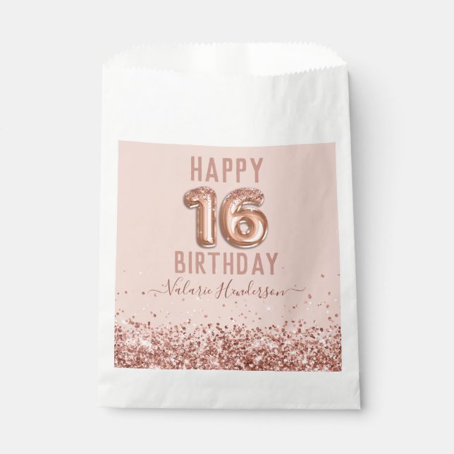 Rose Gold Pink Happy 16th Birthday Favour Bags (Front)