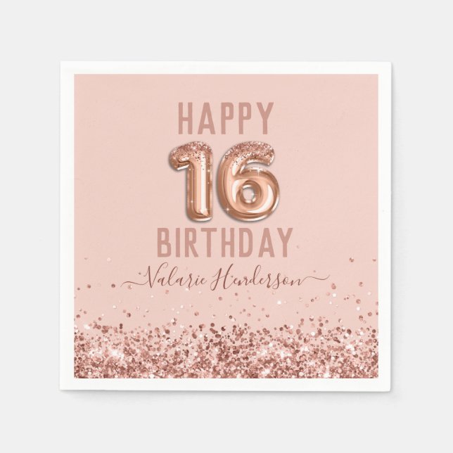 Rose Gold Pink Happy 16th Birthday Napkin (Front)