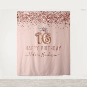 Rose Gold Pink Happy 16th Birthday Tapestry