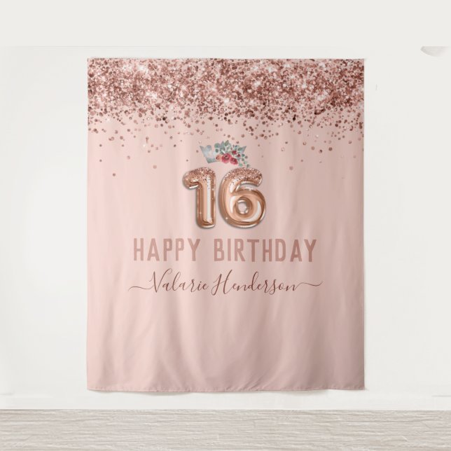 Rose Gold Pink Happy 16th Birthday Tapestry (Front)