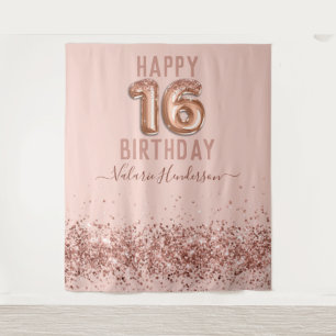 Rose Gold Pink Happy 16th Birthday Tapestry