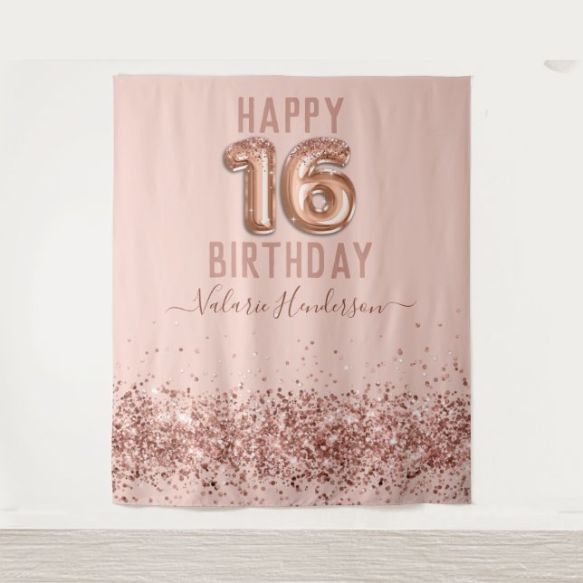Rose Gold Pink Happy 16th Birthday Tapestry (Front)