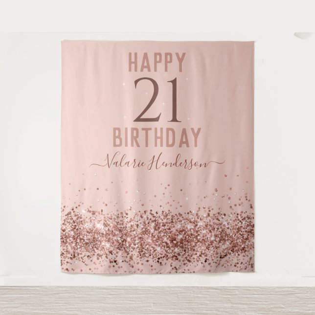 Rose Gold Pink Happy 21st Birthday Tapestry (Front)