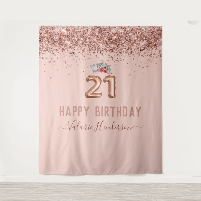 Rose Gold Pink Happy 21st Birthday Tapestry (Front)