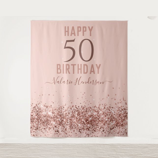 Rose Gold Pink Happy 50th Birthday Tapestry (Front)
