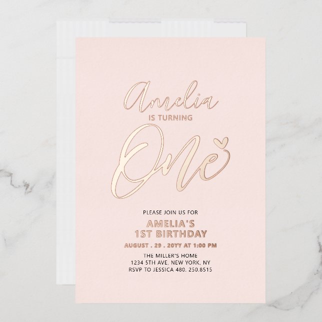 Rose Gold & Pink Heart One 1st Girl Birthday Party (Envelope)