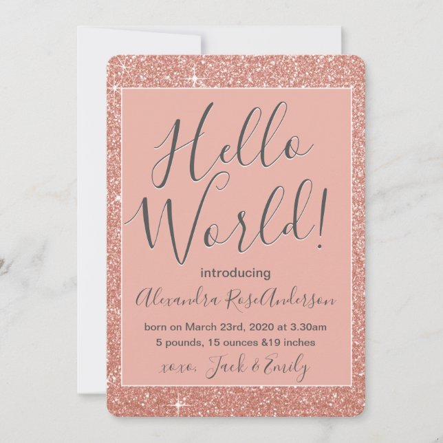 Rose Gold Pink Hello World Baby Girl Announcement (Front)