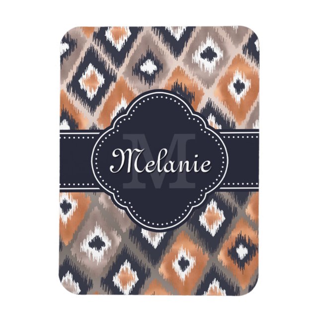 Rose Gold Pink Ikat Pattern Navy Monogram Magnet (Vertical)