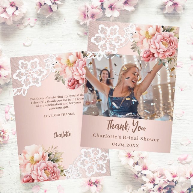 Rose gold pink lace Bridal Shower photo Thank You Card (Creator Uploaded)