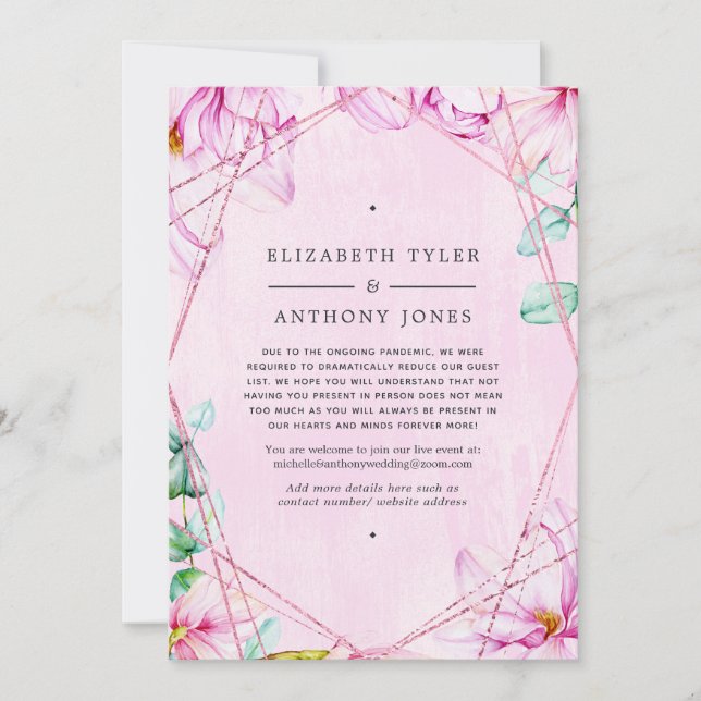 Rose Gold & Pink Magnolia Geometric Wedding Guests Announcement (Front)