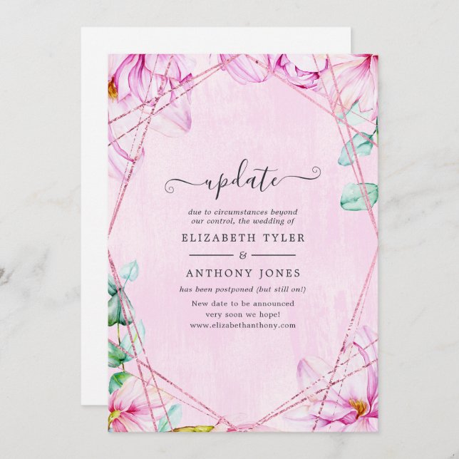 Rose Gold & Pink Magnolia Geometric Wedding Update Invitation (Front/Back)