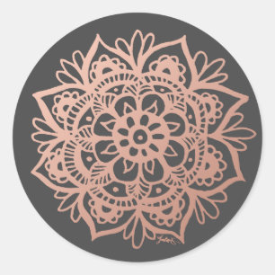 Rose Gold Pink Mandala Flower on Grey Classic Round Sticker