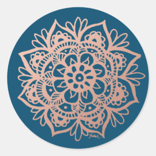 Rose Gold Pink Mandala Flower on Navy Classic Round Sticker