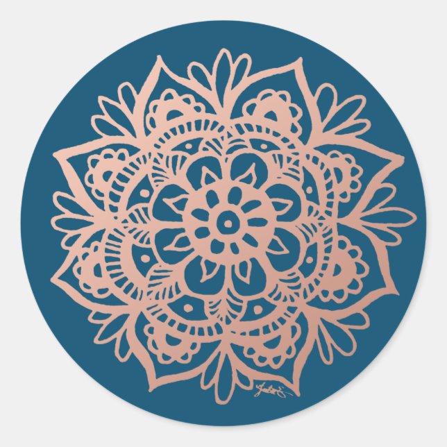 Rose Gold Pink Mandala Flower on Navy Classic Round Sticker (Front)