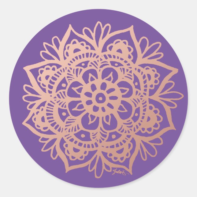 Rose Gold Pink Mandala Flower on Purple Classic Round Sticker (Front)
