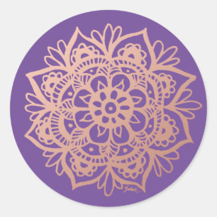 Rose Gold Pink Mandala Flower on Purple Classic Round Sticker