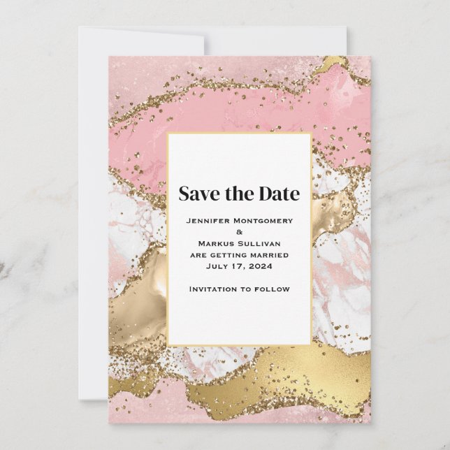 Rose Gold Pink Marble Abstract Wedding Save The Date (Front)