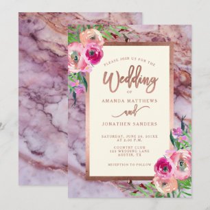 Rose Gold Pink Marble Floral Wedding Invitation