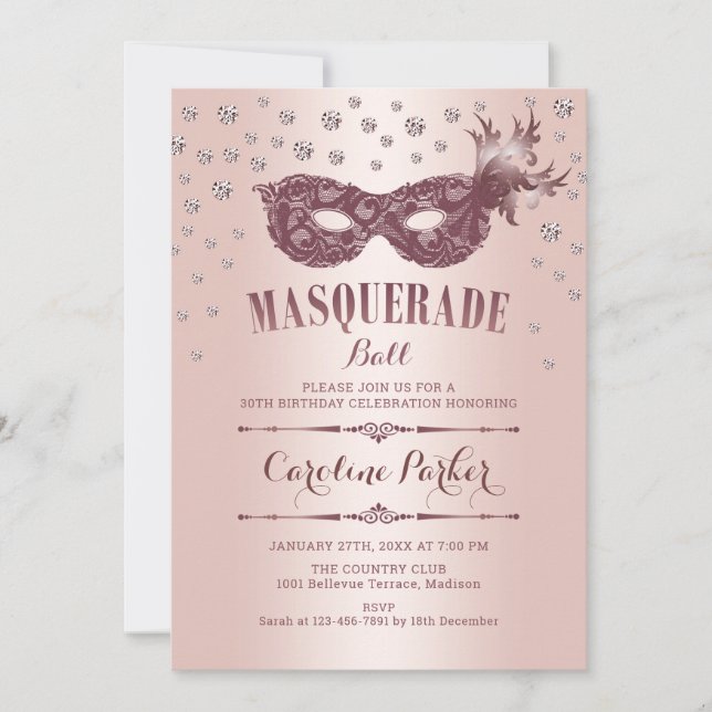 Rose Gold Pink Masquerade Ball Birthday Party Invitation (Front)