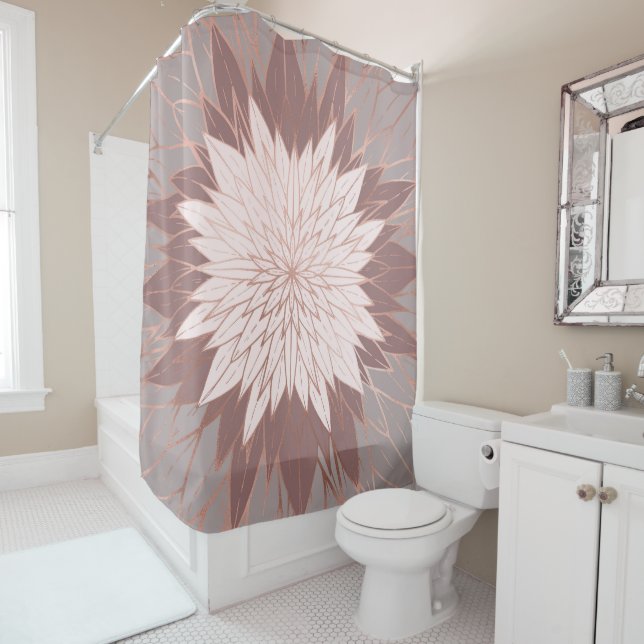 Rose Gold Pink Mauve Hand Drawn Flower Art Shower Curtain (In Situ)