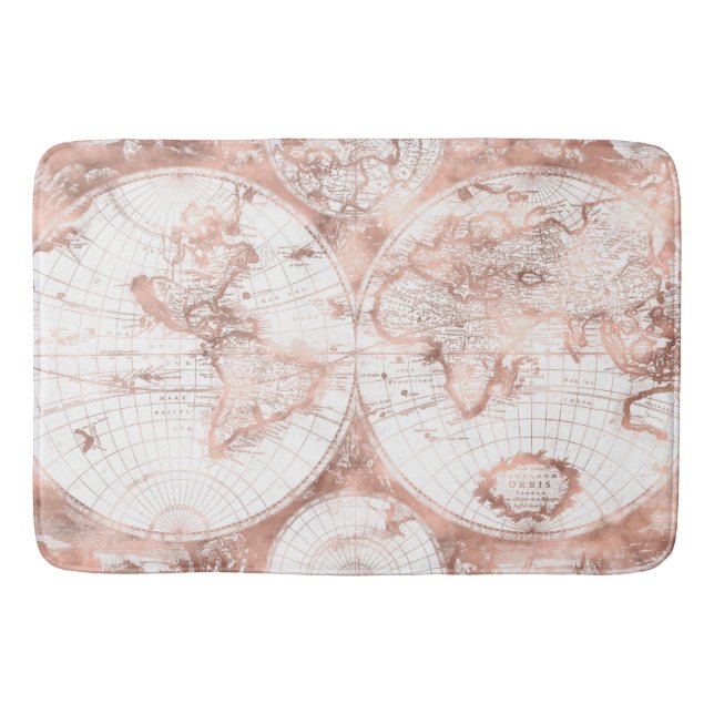 Rose Gold Pink Metal Glitter Antique World Map Bath Mat (Front)
