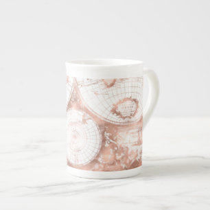 Rose Gold Pink Metal Glitter Antique World Map Bone China Mug