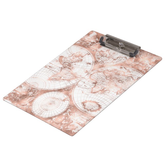 Rose Gold Pink Metal Glitter Antique World Map Clipboard (Angled)