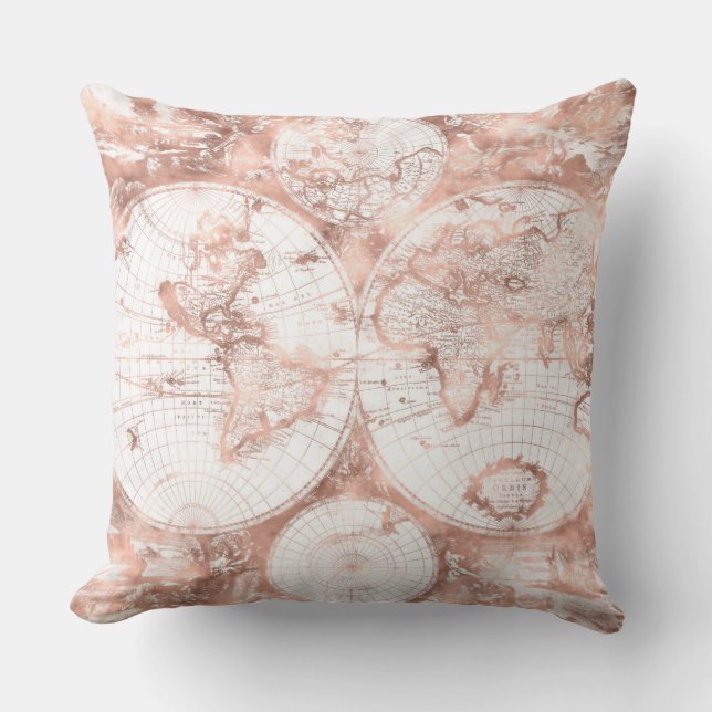 Rose Gold Pink Metal Glitter Antique World Map Cushion (Front)