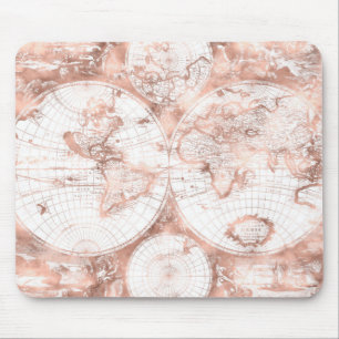 Rose Gold Pink Metal Glitter Antique World Map Mouse Mat