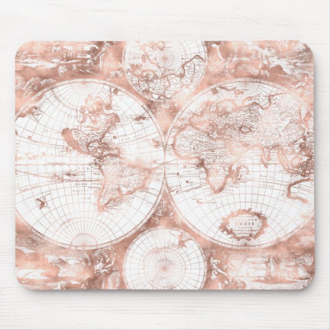 Rose Gold Pink Metal Glitter Antique World Map Mouse Mat (Front)