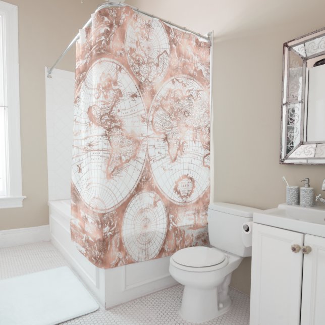 Rose Gold Pink Metal Glitter Antique World Map Shower Curtain (In Situ)