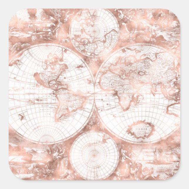 Rose Gold Pink Metal Glitter Antique World Map Square Sticker (Front)