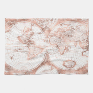Rose Gold Pink Metal Glitter Antique World Map Tea Towel