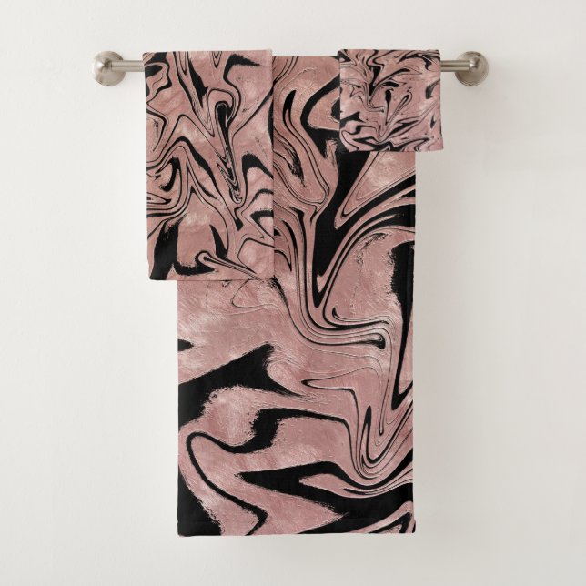 Rose Gold Pink Metallic Marble Swirl Bath Towel Set (Insitu)