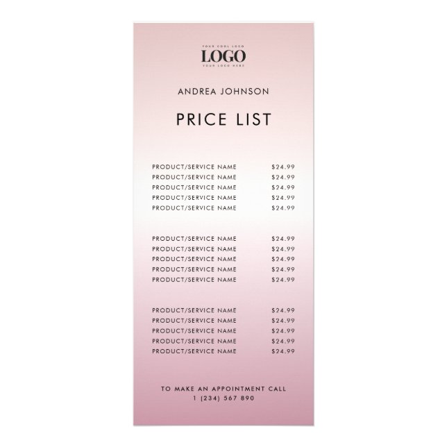 Rose Gold Pink Minimalist Logo Service Price List Rack Card (Front)