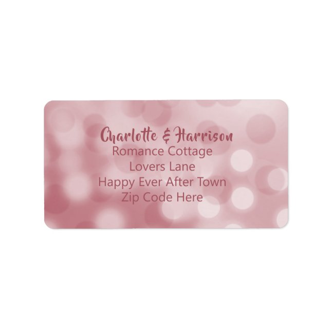 Rose Gold Pink Modern Bokeh Glam Wedding Details Label (Front)