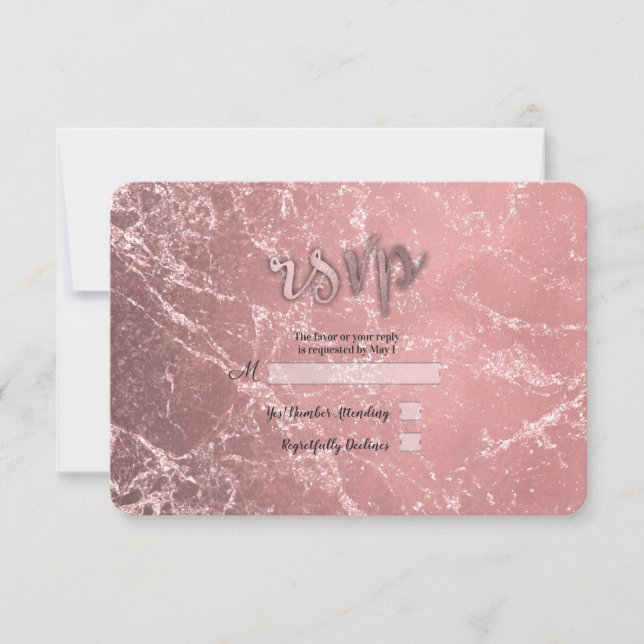 Rose Gold Pink Modern Glam Marble RSVP Reply Card (Front)
