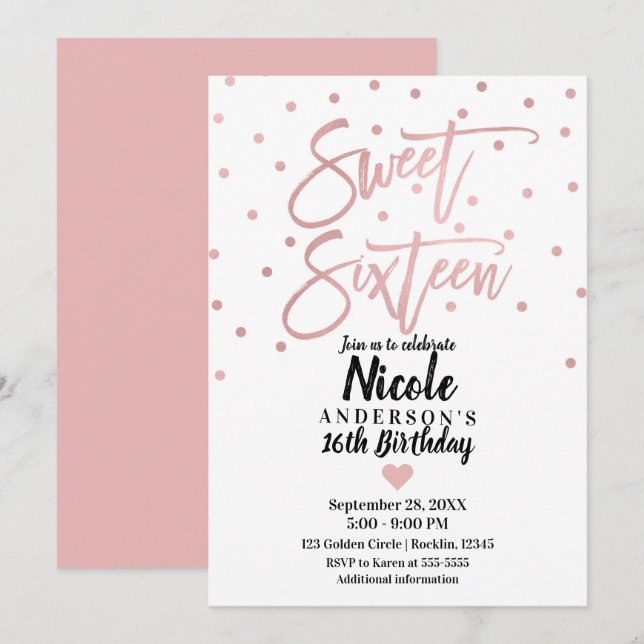 Rose Gold Pink Modern Script Sweet 16 Sixteen Invitation (Front/Back)