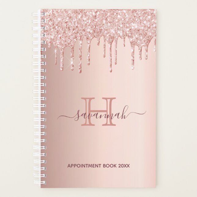 Rose gold pink monogram drips planner (Front)