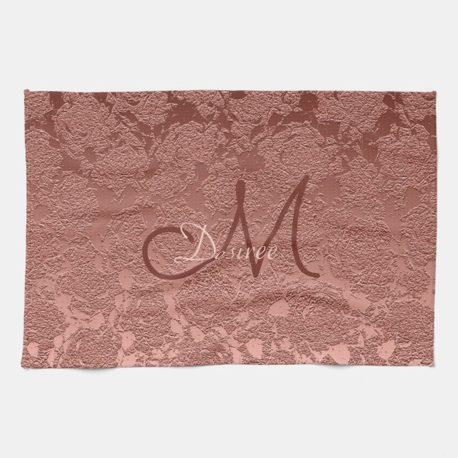 Rose Gold Pink Monogram Floral Modern Classy Tea Towel (Horizontal)