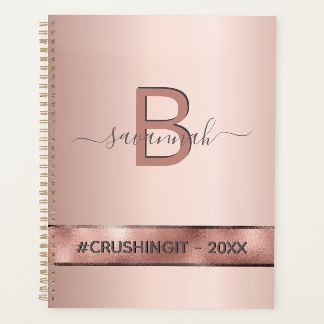 Rose gold pink monogram motivational 2025 planner (Front)